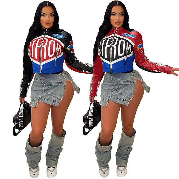 Street-printed Women Stand-up Collar Short Zipper Jacket YNS-2666