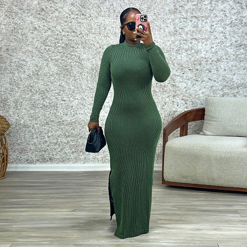 Women Knit Long Sleeve Solid Color Split Maxi Dress YF-10814
