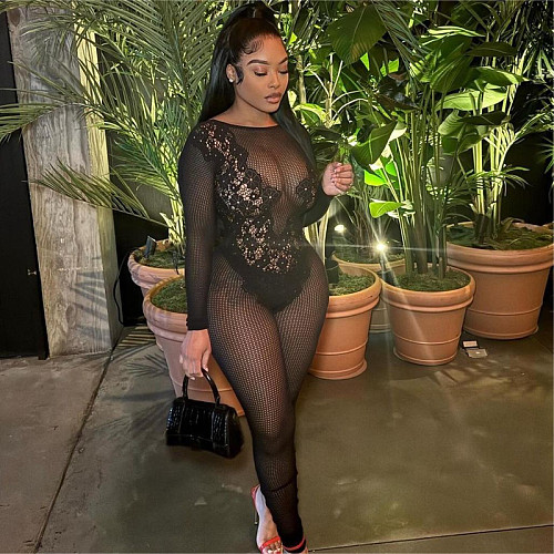 Black Knit Women Backless Transparent Sexy Jumpsuit RS-0156