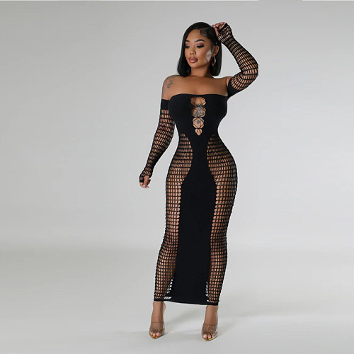 Sexy Hollow-out Women Off Shoulder Knit Package Hips Maxi Dresses RS-0126