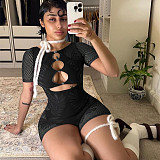 Sexy Hollow-out Women Transparent Short Sleeve Knit Romper RS-0171