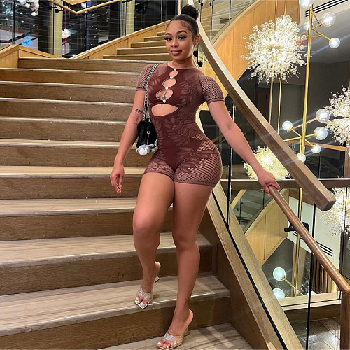 Sexy Hollow-out Women Transparent Short Sleeve Knit Romper RS-0171