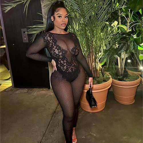 Black Knit Women Backless Transparent Sexy Jumpsuit RS-0156