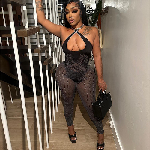 Sexy Hollow-out Women Halter Transparent Knit Romper RS-0149
