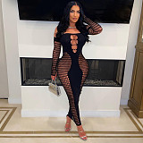 Sexy Hollow-out Women Off Shoulder Knit Package Hips Maxi Dresses RS-0126