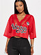 Vintage Street Print Loose V-neck Lace Patchwork Short-sleeved T-shirt Red RS-44780