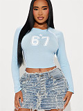 Simple Print Women Round Collar Long Sleeve Short Tops RS-44779