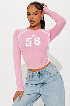 Simple Print Women Round Collar Long Sleeve Short Tops RS-44779