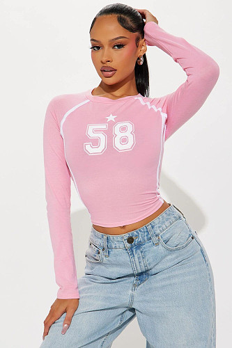 Simple Print Women Round Collar Long Sleeve Short Tops RS-44779