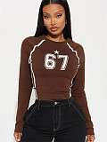 Simple Print Women Round Collar Long Sleeve Short Tops RS-44779