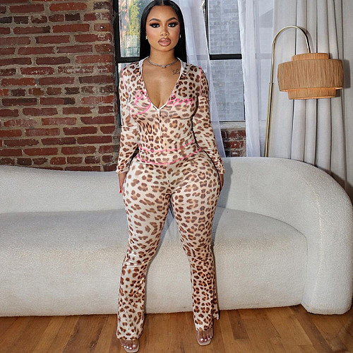 Fashon Leopard Print Women Hoodies And Long Pants 2 Pieces Set SXE-K24S50103