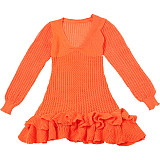 Sexy V-neck Long Sleeve Women Ruffles Package Hips Short Dress SXE-W24D58090