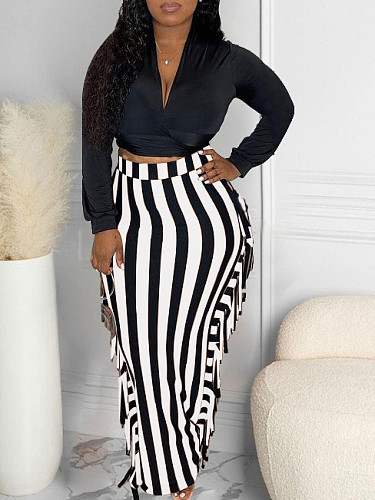 Women Long Sleeve Crop Top And Tassel Long Skirt 2 Pieces Sets ZAND-31302