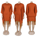 Elegant Lady Sequins Tassel Batwing Sleeve Package Hips Midi Dress Large Size NY-3300