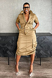 Women Solid Color Short Sleeve Pockets Maxi Dress NY-3320