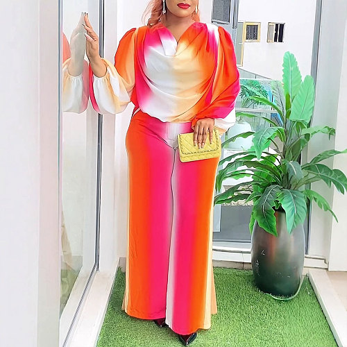 Stylish Women Printed Lantern Sleeves Wide-leg Long Pants 2 Pieces Sets NY-10912