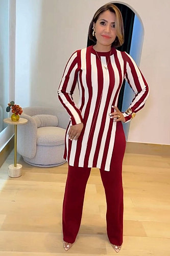 Women Stripes Prints Slit Tops And Long Pants 2 Pieces Sets NY-10929