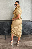 Women Solid Color Short Sleeve Pockets Maxi Dress NY-3320