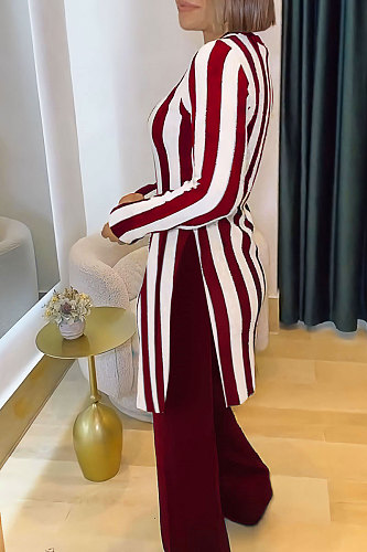 Women Stripes Prints Slit Tops And Long Pants 2 Pieces Sets NY-10929