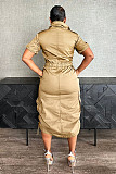 Women Solid Color Short Sleeve Pockets Maxi Dress NY-3320