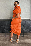 Women Solid Color Short Sleeve Pockets Maxi Dress NY-3320