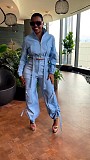 Women Long Sleeve Zipper Crop Top And Pockets Pants 2 Pieces Sets NY-3329