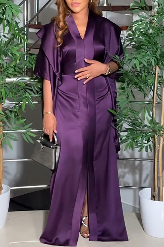 Elegant Lady V-neck Loose Plicated Long Dresses Purple NY-10917