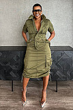 Women Solid Color Short Sleeve Pockets Maxi Dress NY-3320