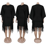 Elegant Lady Sequins Tassel Batwing Sleeve Package Hips Midi Dress Large Size NY-3300