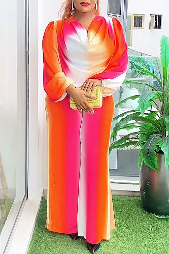 Stylish Women Printed Lantern Sleeves Wide-leg Long Pants 2 Pieces Sets NY-10912