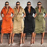 Women Solid Color Short Sleeve Pockets Maxi Dress NY-3320