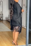 Elegant Lady Sequins Tassel Batwing Sleeve Package Hips Midi Dress Large Size NY-3300
