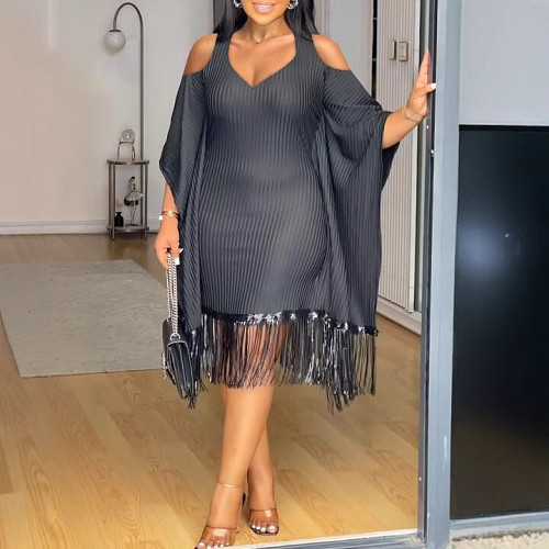 Women Off Shoulder Batwing Sleeve Sequins Tassel Black Midi Dress Plus Size NY-3333