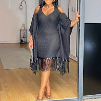 Women Off Shoulder Batwing Sleeve Sequins Tassel Black Midi Dress Plus Size NY-3333 Women Off Shoulder Batwing Sleeve Sequins Tassel Black Midi Dress Plus Size NY-3333