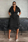 Women Solid Color Short Sleeve Pockets Maxi Dress NY-3320