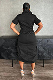 Women Solid Color Short Sleeve Pockets Maxi Dress NY-3320