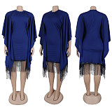 Elegant Lady Sequins Tassel Batwing Sleeve Package Hips Midi Dress Large Size NY-3300