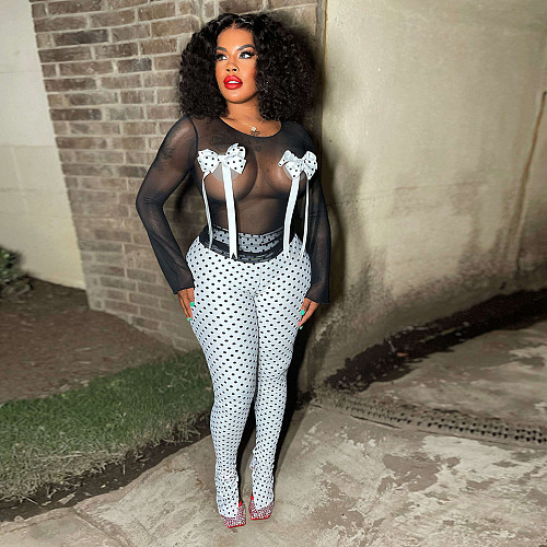 Sexy Transparent Mesh Bow Spotted Print Split Trousers Two-piece Sets YNS-2655