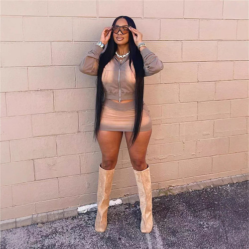 Women Zipper Hoodies And Package Hips Mini Skirt 2 Pieces Sets RS-5035