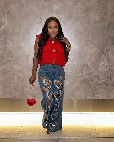 Women Heart Hollow-out Straight Long Jeans TK-6332