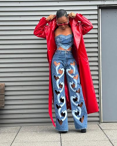 Women Heart Hollow-out Straight Long Jeans TK-6332