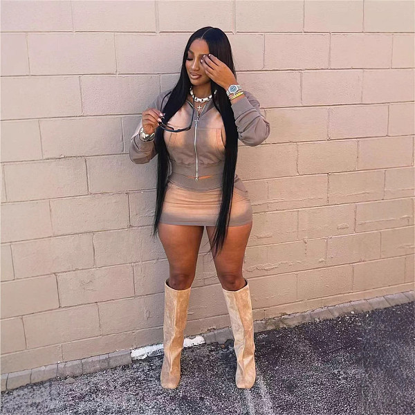 Women Zipper Hoodies And Package Hips Mini Skirt 2 Pieces Sets BG-5036
