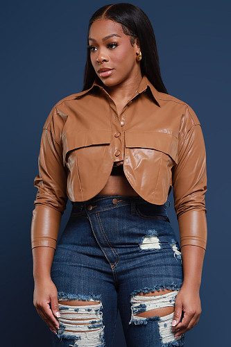 Brown PU Leather Long Sleeve Lapel Single Breasted Pocket Coat For Women BS-1374