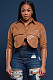 Brown PU Leather Long Sleeve Lapel Single Breasted Pocket Coat For Women BS-1374