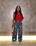 Women Heart Hollow-out Straight Long Jeans TK-6332