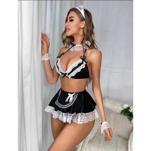 Sexy Deep V Maid Bra Set Lace Girl Underwear Nightdress Black YQ-T002
