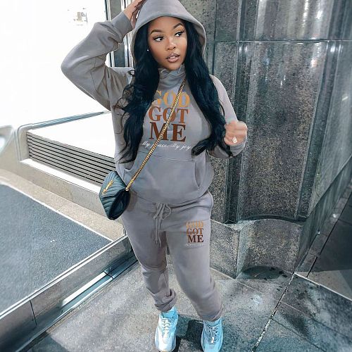 Women's Hoodie Casual Printed Fleece Tracksuit 2 Pieces Sets DN-5999G46