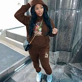 Sporty Women's Hoodie Printed Fleece Tracksuit 2 Pieces Sets DN-5999G1