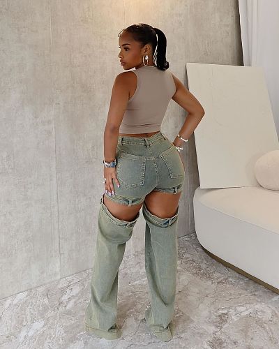 Women's street fashion vintage wash cut-out jeans LX-5538