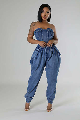 Stylish women's patchwork high elastic waist slimming denim romper LX-6035